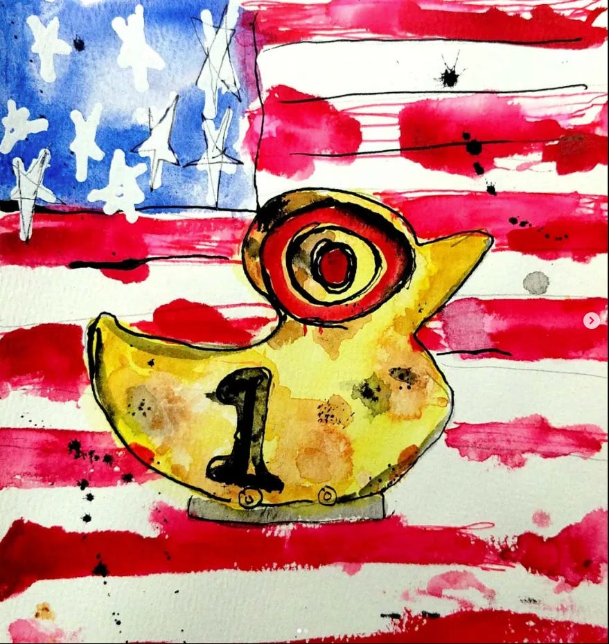 a painting of a yellow duck sits in front of an american flag