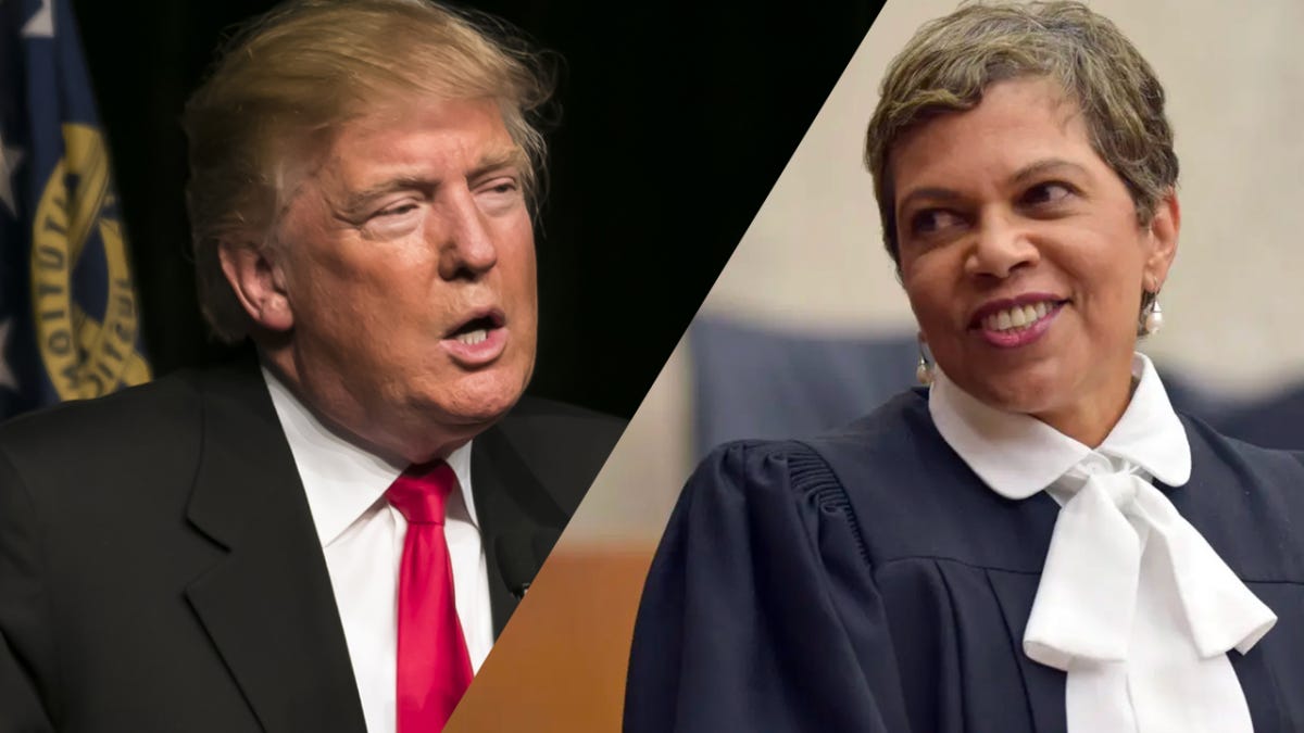 A compilation of two photos: (1) Donald Trump, mouth agape against a black background; (2) Federal Judge Tanya S. Chutkan in courtroom