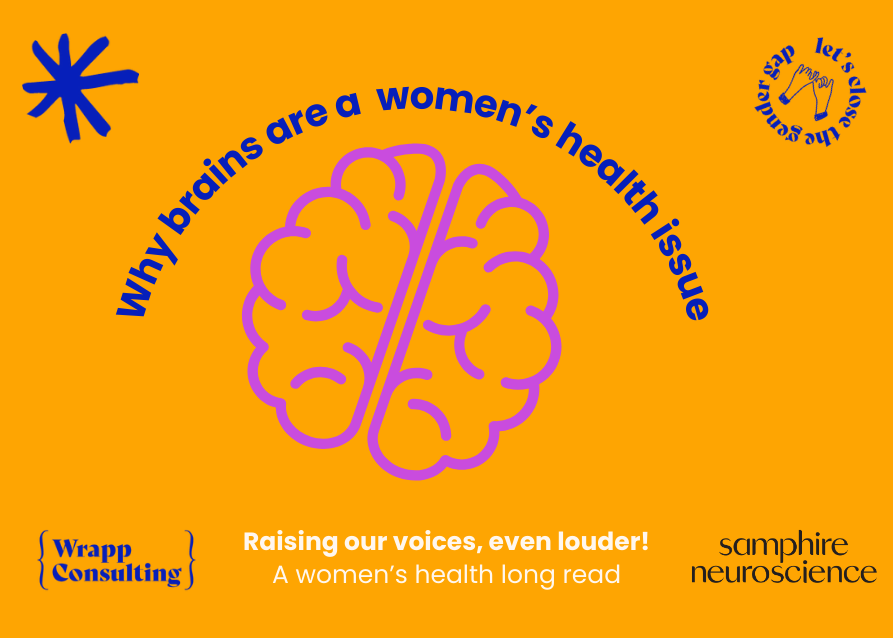Image of purple brain in orange background saying 'why brains are a women's health issue'