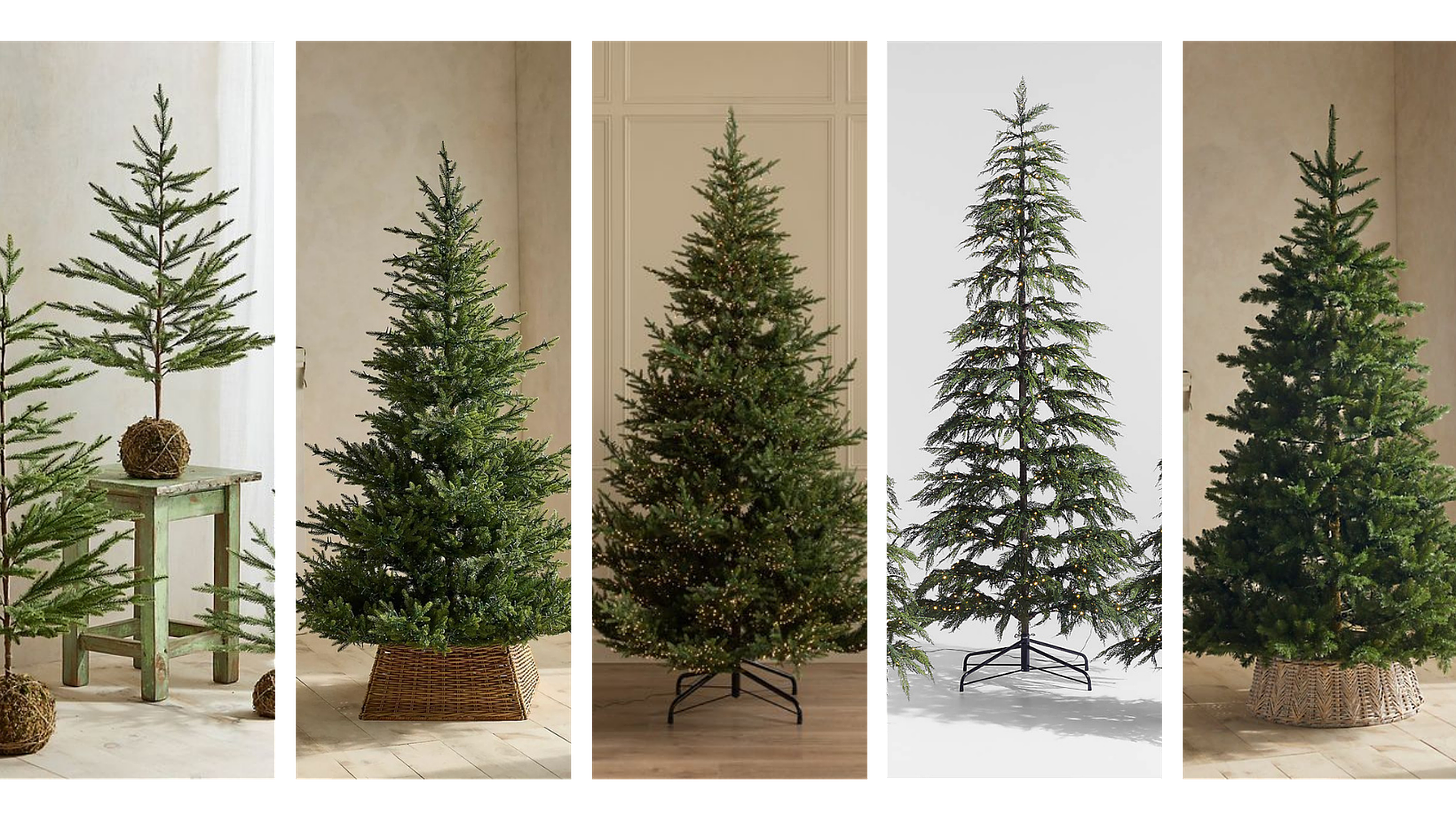 A close-up comparison of four artificial Christmas trees in different designs. The trees range from minimalist, slim styles to fuller, more traditional shapes. One tree is placed in a woven basket, adding a rustic touch, while others are set in modern stands, giving each a unique holiday look.