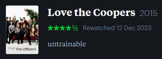 screenshot of LetterBoxd review of Love the Coopers, watched December 12, 2023: untrainable