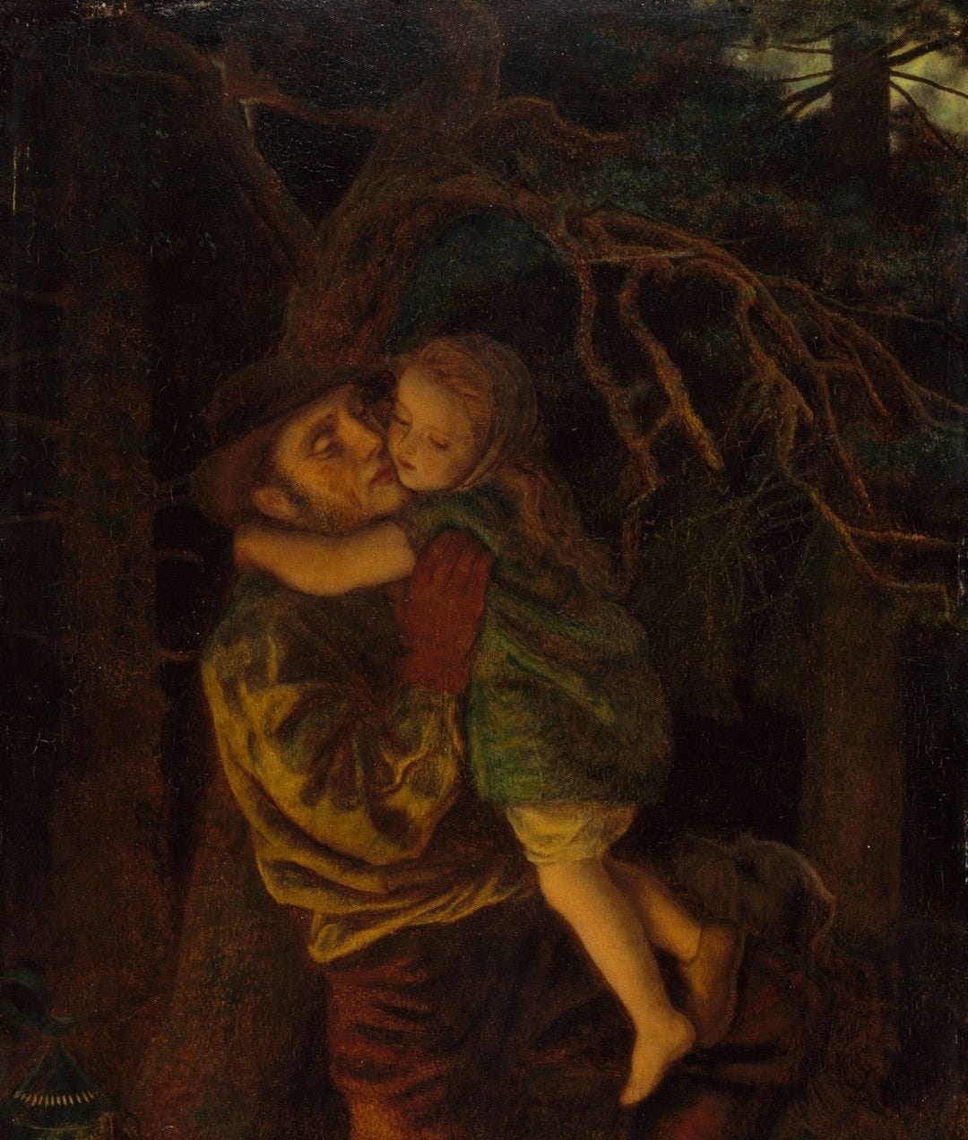 father and child beside bare tree painting