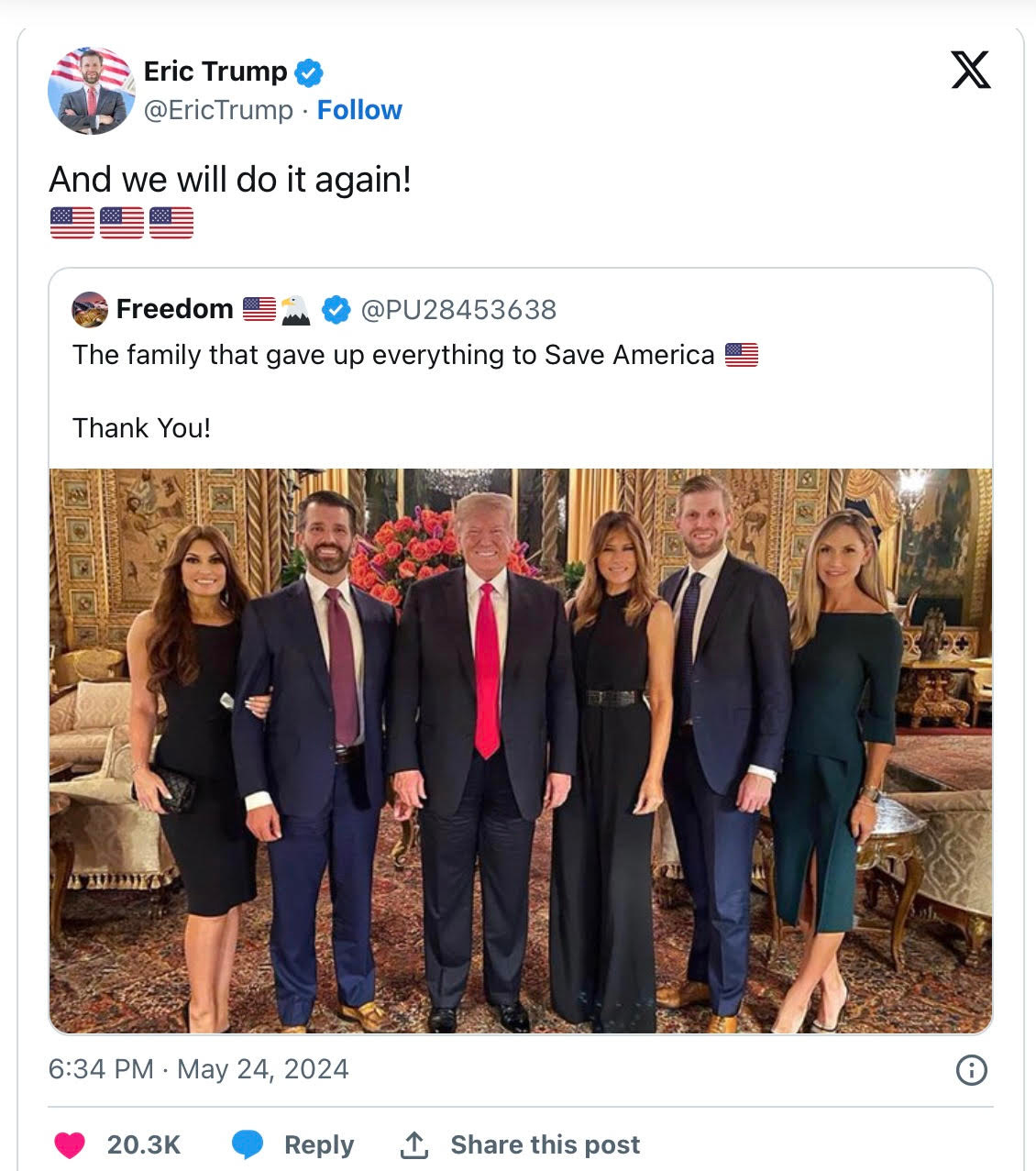 tweet showing the Trump family captioned: "The family that gave up everything to save America." LOL. 