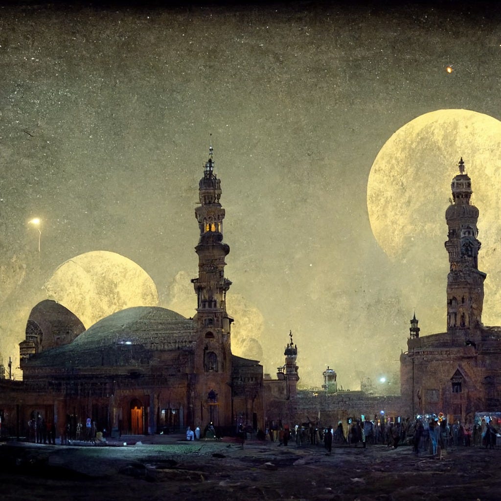 صورة تخيليّة لأحد المدن الإسلامية (كما ترى من الجوامع) مع أقمار متعددة بالخلفية