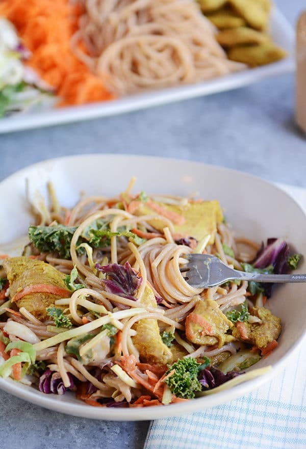 A fork taking a bite of noodles out of a bowl of chicken noodle salad.