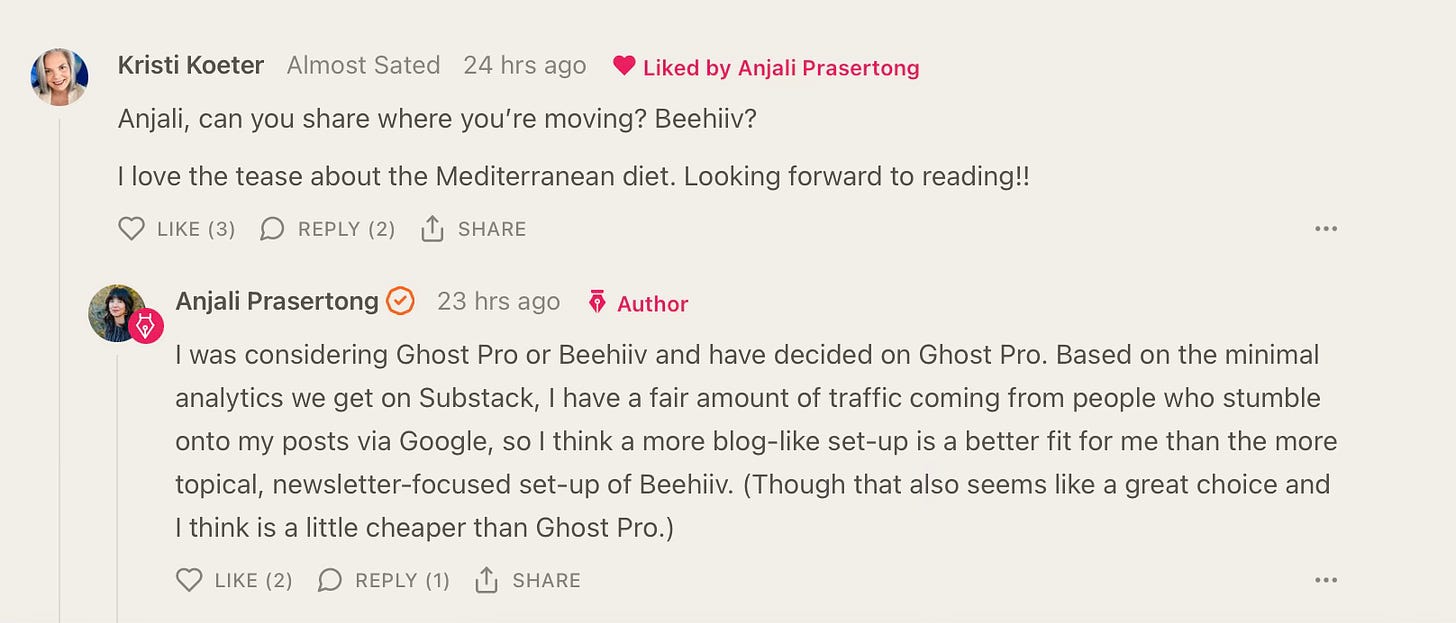 Snapshot of comments about leaving Substack