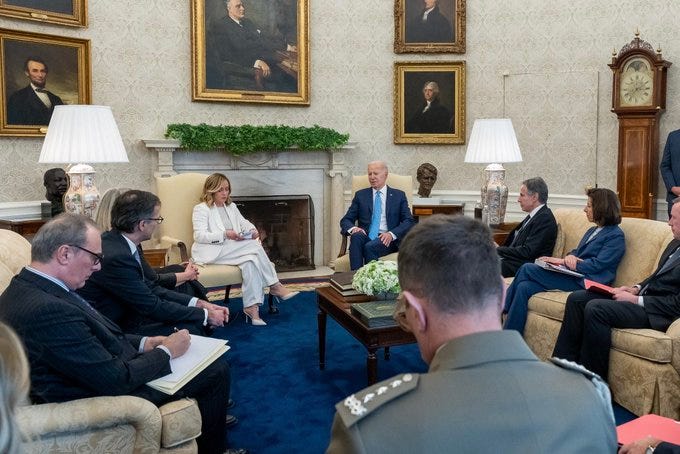 President Biden meets with Prime Minister Meloni of Italy in the Oval Office.