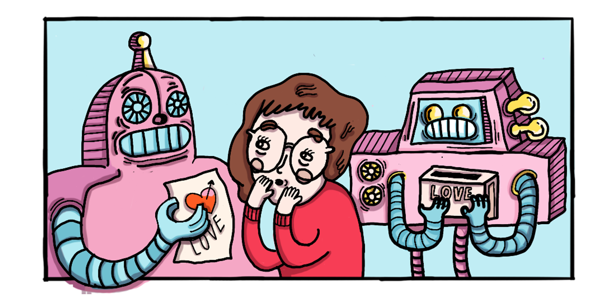 Two robots handing a love letter to a young girl, who looks quite sceptical. 