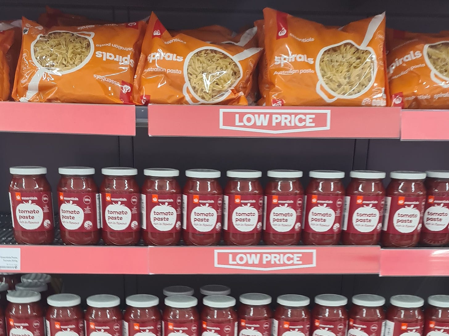 Quick pic I took at the local supermarket of their end of aisle specials. It has shelves of cheap pasta and rows of cheap tomato paste with signs saying ‘low price’.