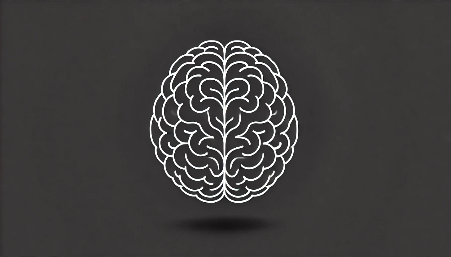A minimalist line art illustration of a human brain viewed from the top down. The illustration is monochromatic, using clean, precise white lines on a plain black background. The line work is simple and elegant, capturing the essential structure of the brain's folds and hemispheres without additional details. The lighting is flat, ensuring a crisp and modern look.