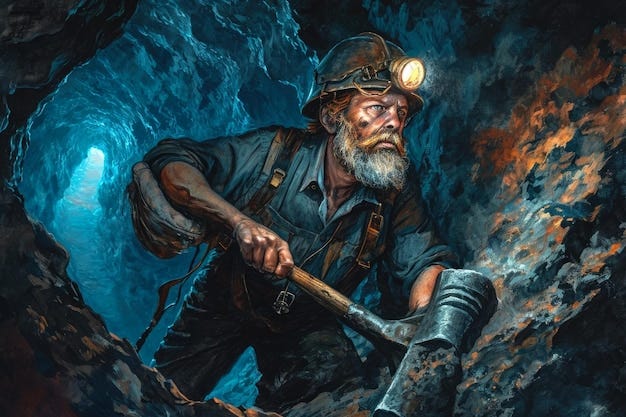 miner digging a tunnel in a mine with a pickaxe and a hardworking look on their face