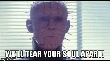 a gif of Pinhead from the movie Hellraiser threatening to tear your soul apart, for valentines day you know