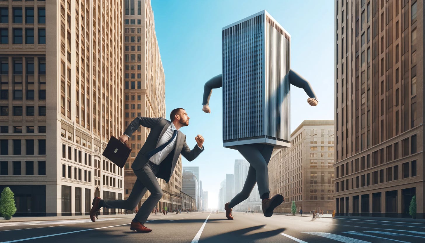 A surreal scene depicting an office worker, a middle-aged Caucasian male in a business suit, chasing after his office building. The building, an imposing modern skyscraper, is anthropomorphized with long, cartoonish legs and is sprinting away. The background is a bustling city street with other buildings. The setting is daylight with clear skies. The image is in a wide format to capture the dynamic chase.