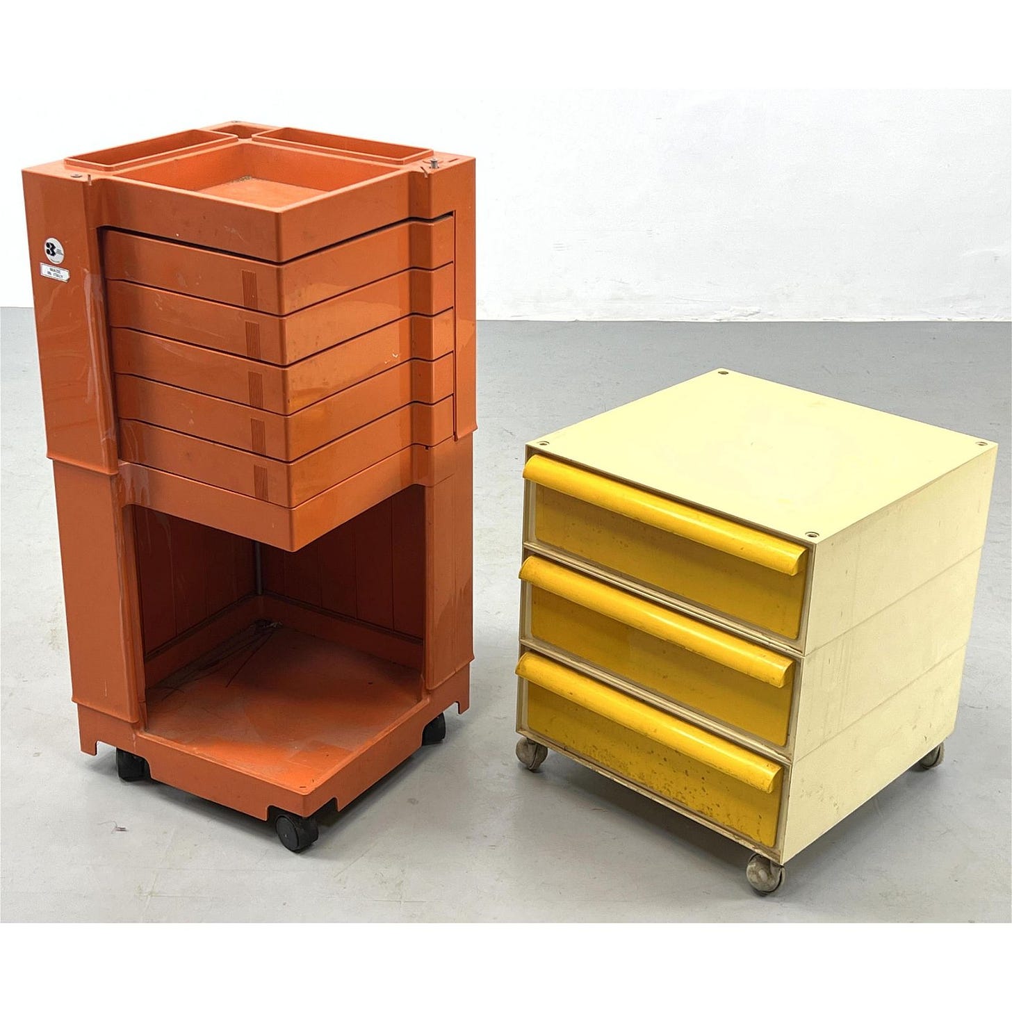 2pc Italian Plastic Rolling Storage Cabinets. BIETTE PADOVA Orange Cabinet. Cream Cabinet with Yello