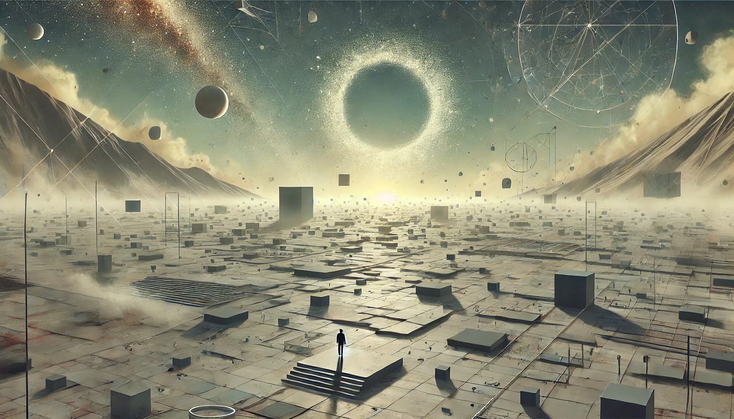 A surreal and abstract landscape representing the concept of 'the absence of meaning and the relativity of progress'. The scene is a vast, empty space with floating geometric shapes and pathways that lead nowhere, symbolizing the lack of inherent meaning. In the background, faint, distant galaxies suggest the far reaches of thought and the unknown. The color palette is minimalistic, using muted tones with occasional bursts of light, representing moments of insight. A lone figure stands at the forefront, contemplating the surreal environment, embodying the theme of introspective exploration and relative progress.