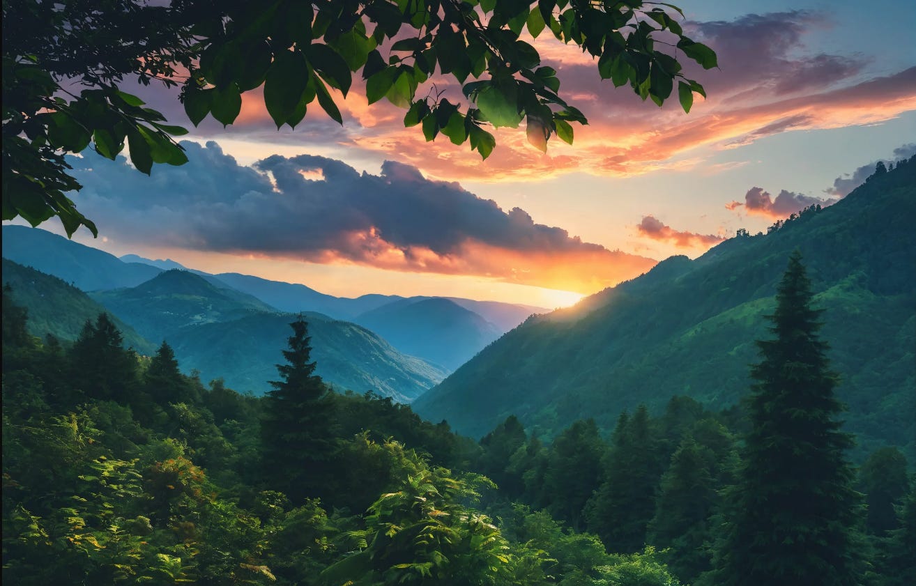 Beautiful sunset over mountains covered in lush forest, generated by Aperture V4