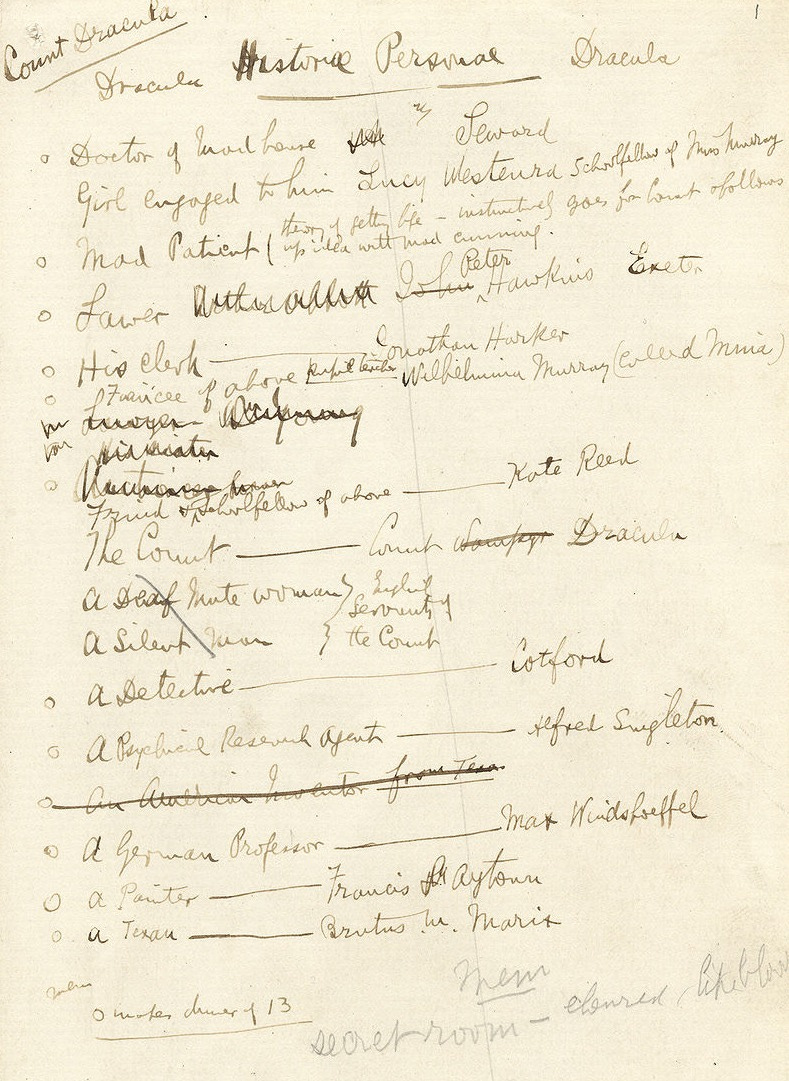 The author's handwritten notes about the novel's characters