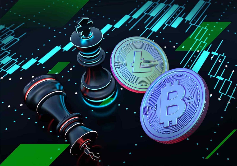 There are chess figures, Bitcoin and Litecoin, and trading charts in the picture