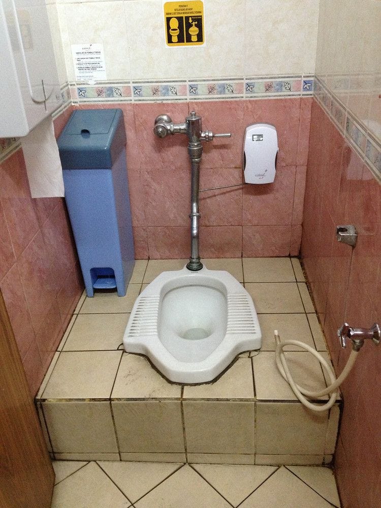 a raised, tiled platform in a bathroom with a shallow porcelain toilet bowl in the middle, flanked by two shoe-sized treads for straddling and squatting