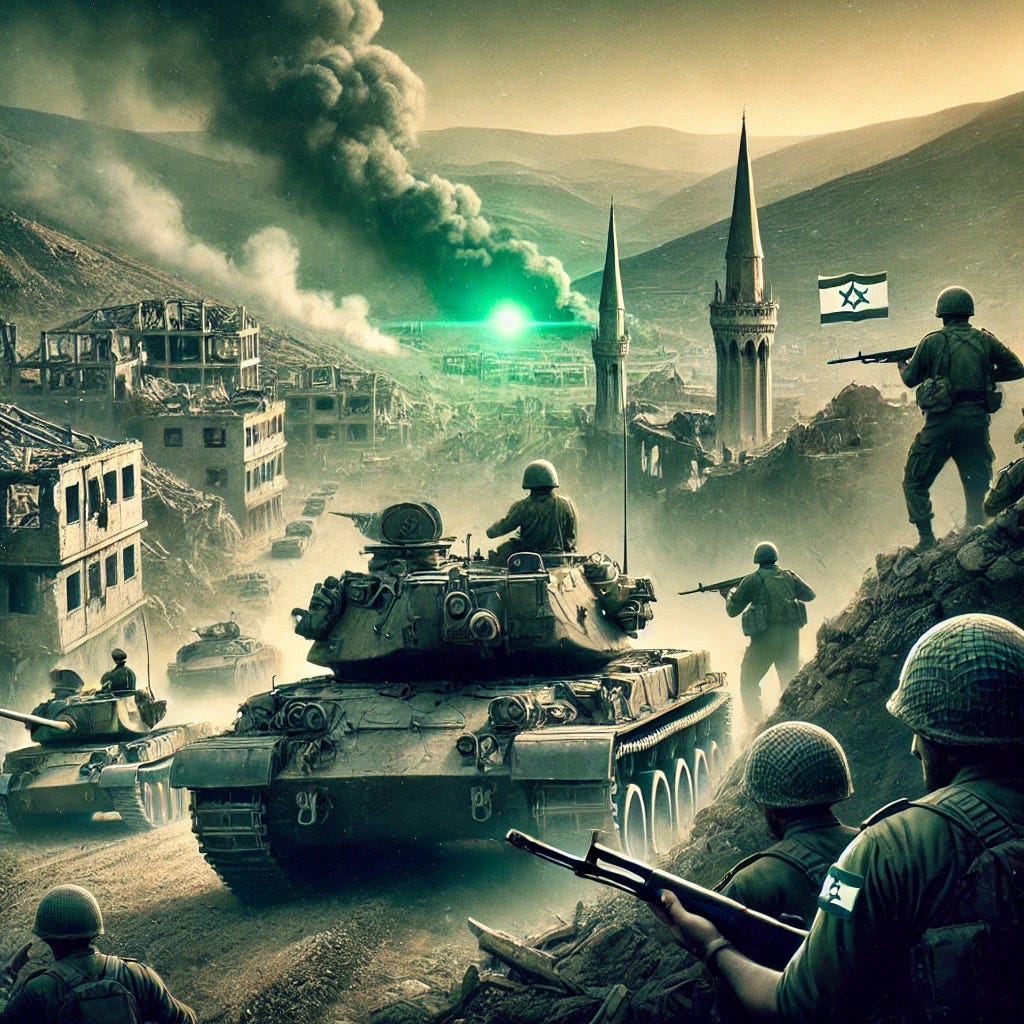 A historical scene showing Israel's 1982 invasion of Lebanon, with military tanks and soldiers advancing into a mountainous, war-torn landscape. In the background, there are destroyed buildings and smoke rising into the sky, reflecting the intensity of the conflict. The image has a symbolic 'green light' motif to signify the political support from the Reagan administration, perhaps represented by a faint green glow or light emanating from behind the Israeli forces. The scene is tense and dramatic, illustrating the scale of the military invasion.