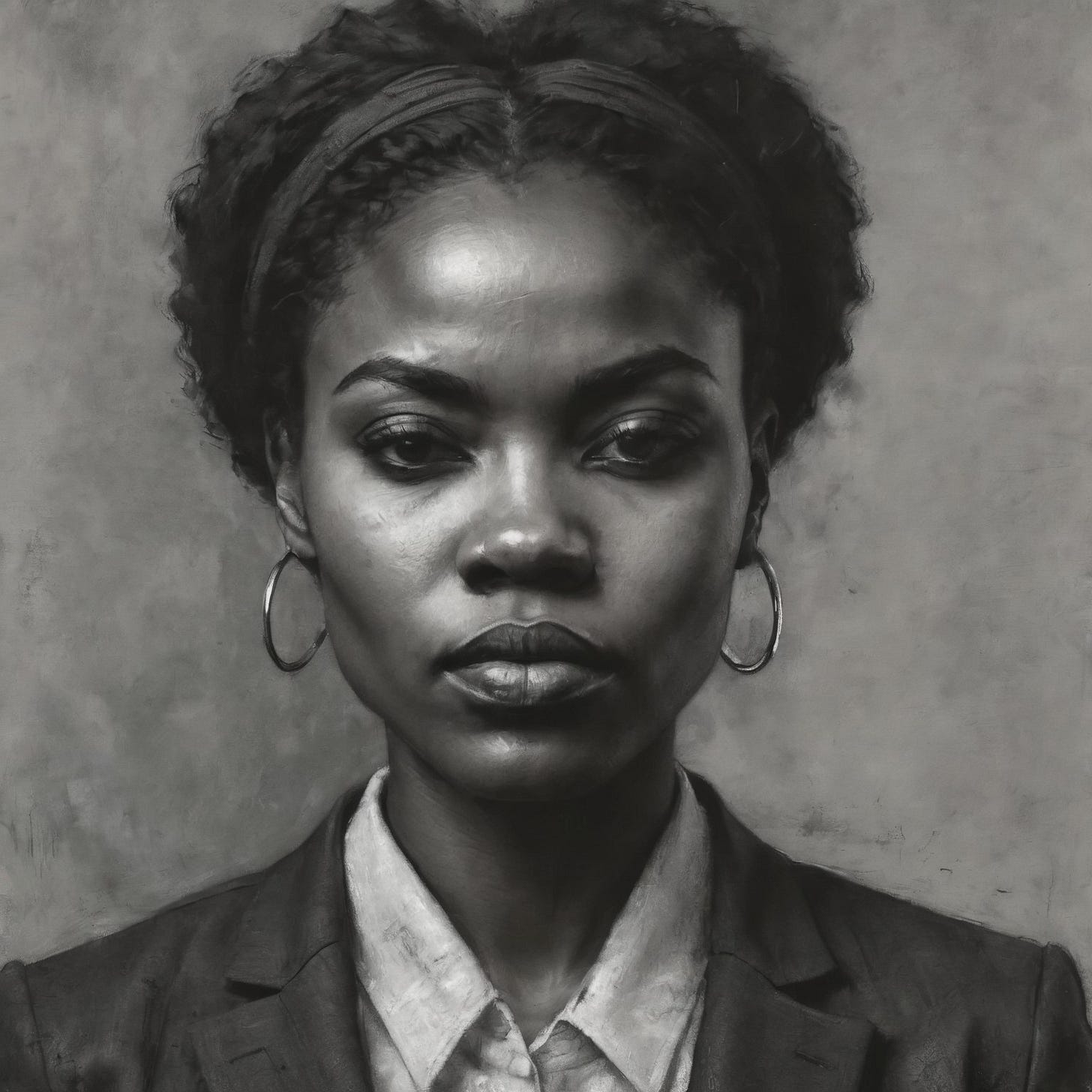 A charcoal portrait of an african-american woman in her 30s, with short-ish hair tied up, wearing a suit and loop earrings. Her expression is severe..