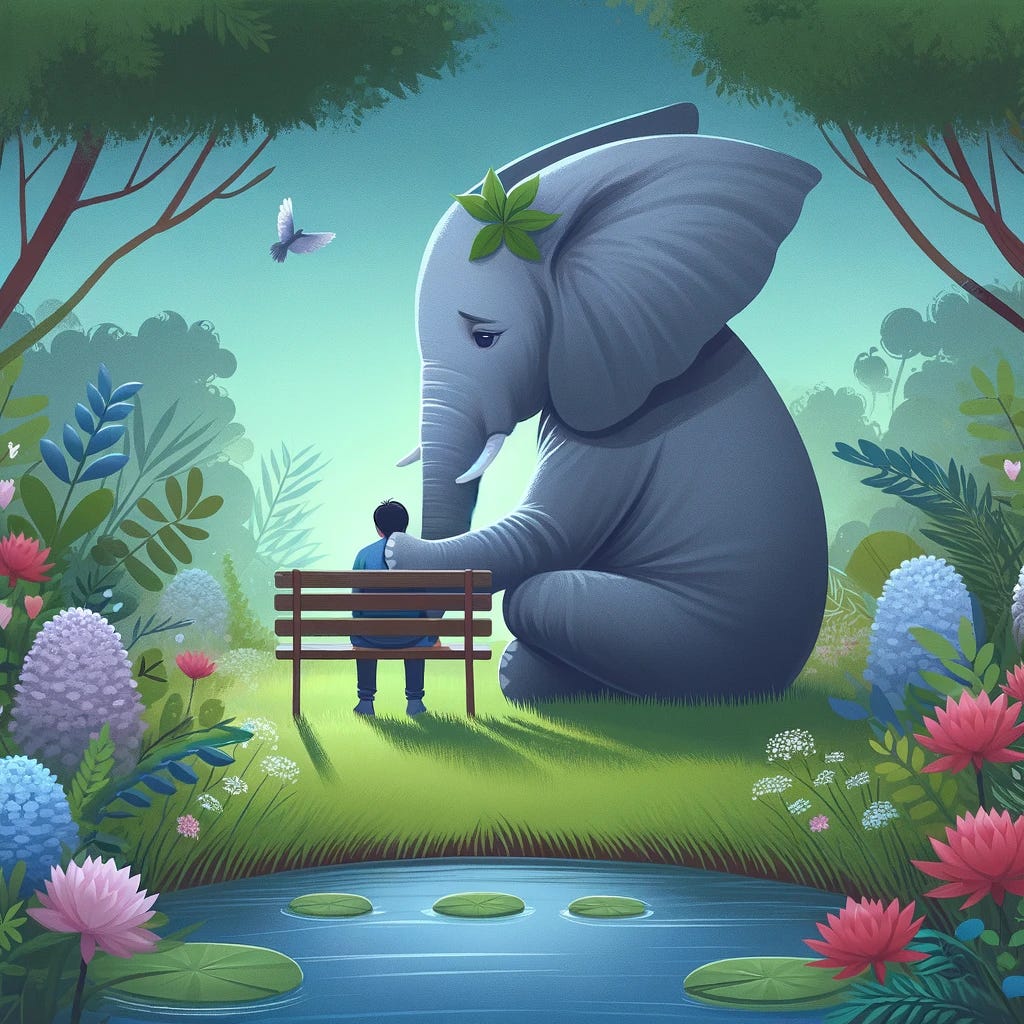 A compassionate elephant comforting a person in a serene garden. The garden is filled with blooming flowers and a small pond, creating a peaceful and healing atmosphere. This image symbolizes support and understanding in mental health.