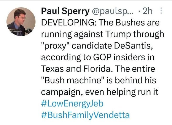 May be a Twitter screenshot of 1 person and text that says 'ማ Paul Sperry @paulsp... 2h DEVELOPING: The Bushes are running against Trump through "proxy" candidate DeSantis, according to GOP insiders in Texas and Florida. The entire "Bush machine" is behind his campaign, even helping run it #LowEnergyJeb #BushFamilyVendetta'