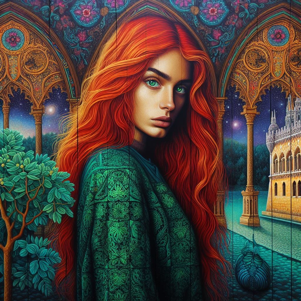 velvet wall hanging in wooden church;chunky oil paint of woman red hair green neon lace. hazel eyes. tiny blue fringe with emerald. long shot. Brown boots toward camera/window, tapestry in blue; painting of Sintra,Portugal,Pena Palace /Quatrefoil:Gothic Tracery/ ivory highlight/ pink neon. Louver blue decorative ceiling tiles. Moringa tree in foreground bright yellow green. sculptures ivory, cracked porcelain/gold/columns/Misty/ starry purple blue space  chunky painting 