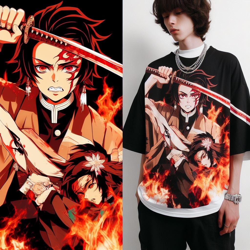 Wide image image of a [Anime] themed(Demonslayer) design on the left side, showcasing[ tanjiro is beheading muzan in candid pose, swords buring in red flames]. On the right side, a model wearing a oversized t-shirt with the same anime desingn