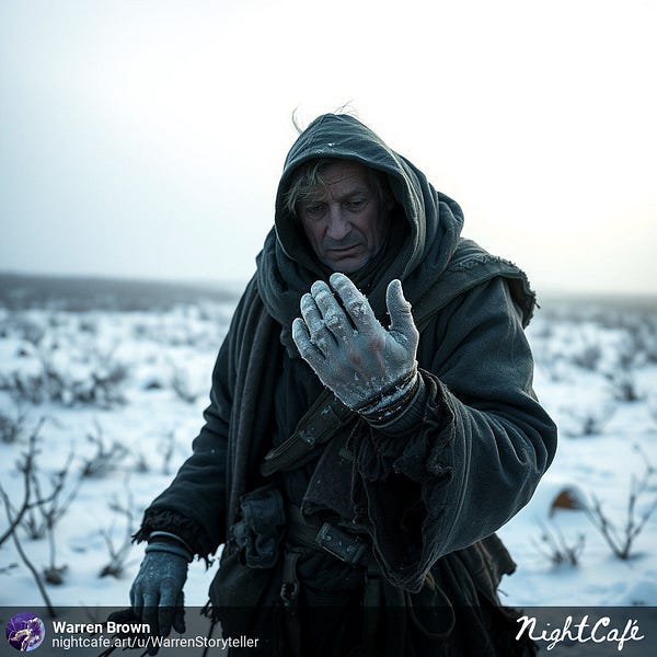 Man looking at frozen hands in the cold.