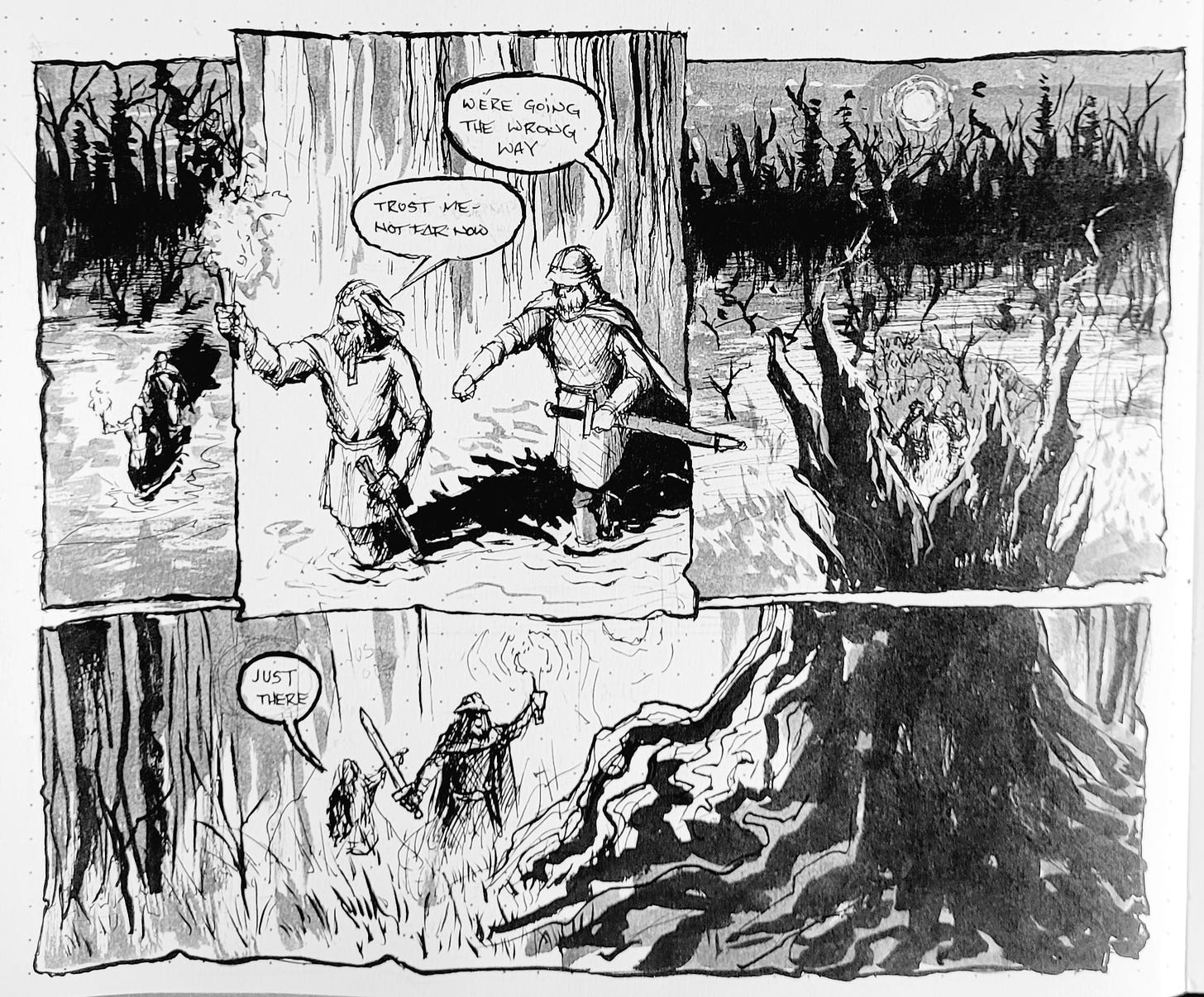 Comic illustration of Reed and Cobb discovering the corpse tree.