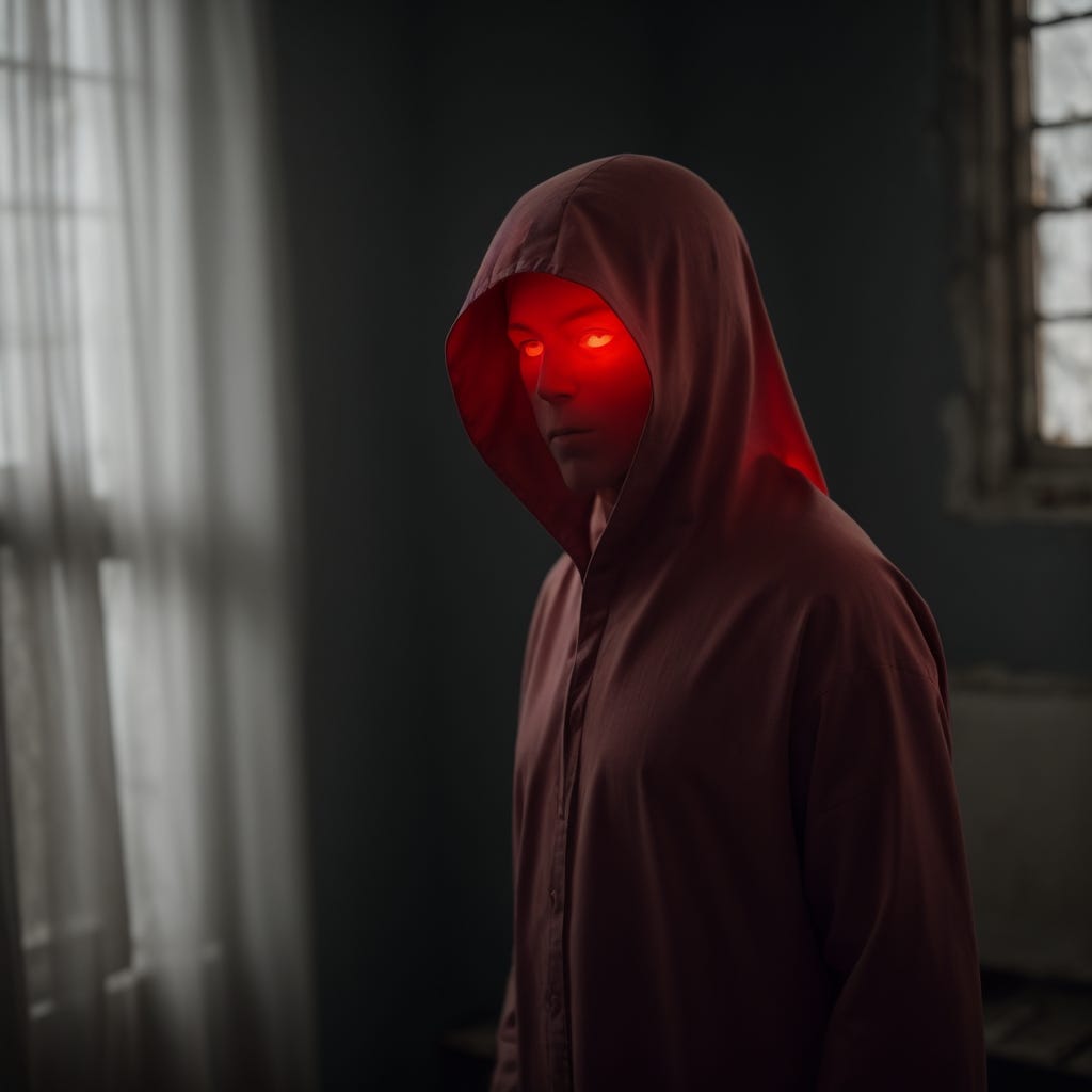 A red ghost in a dark room.