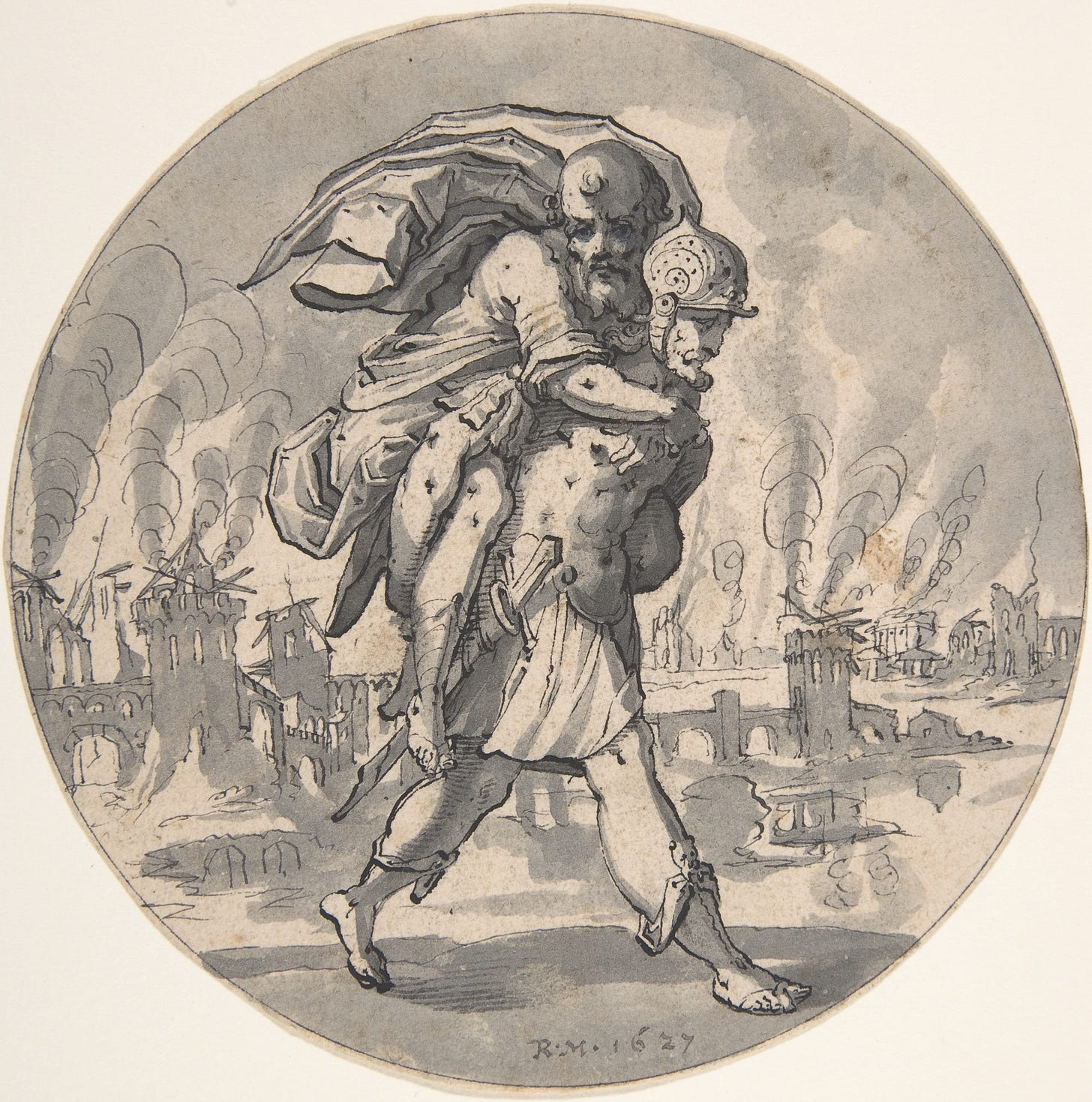 Aeneas Rescues his Father from Burning Troy, Rudolf Meyer (Swiss, Zurich 1605–1638 Zurich), Pen and black ink, gray wash