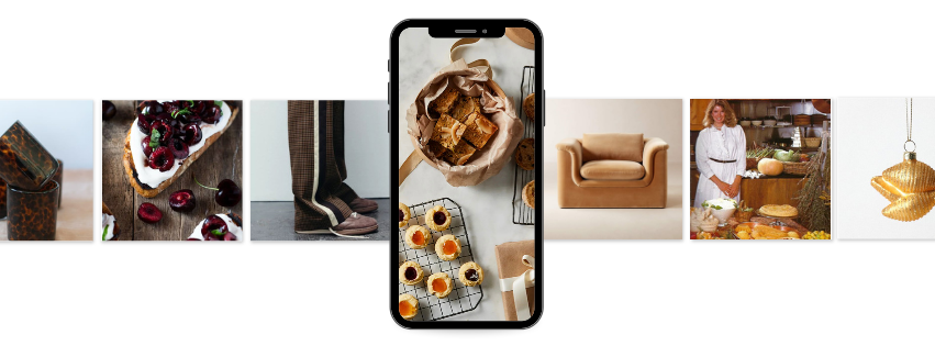 A holiday-inspired product lineup featuring a selection of festive treats and cozy items. Products range from warm baked goods and cherry-topped pastries to a caramel leather chair and holiday-themed decorations, all displayed around a central smartphone screen showing holiday desserts.