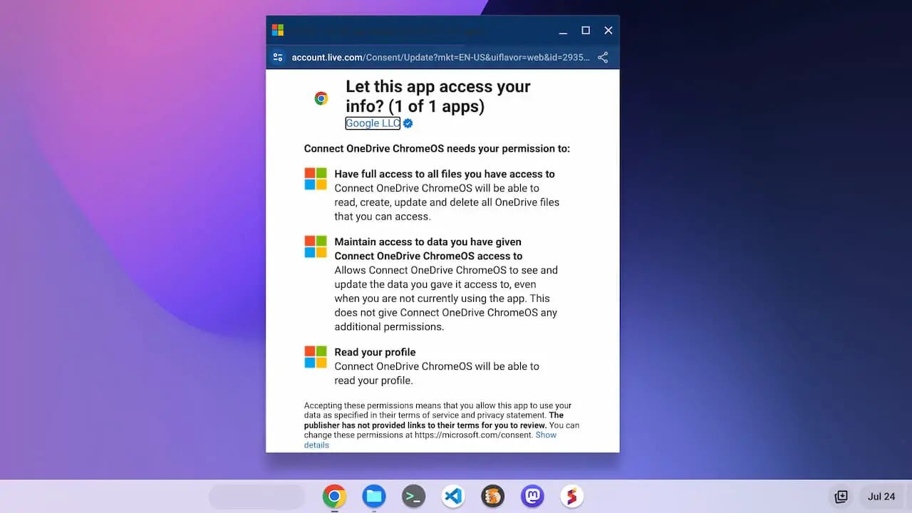 Microsoft Connect OneDrive ChromeOS permissions