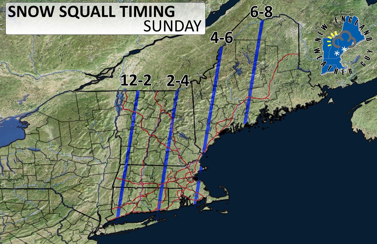 May be an image of snowplow, map and text that says 'SNOW SQUALL TIMING SUNDAY 4-6 6-8 12-2 2-4'