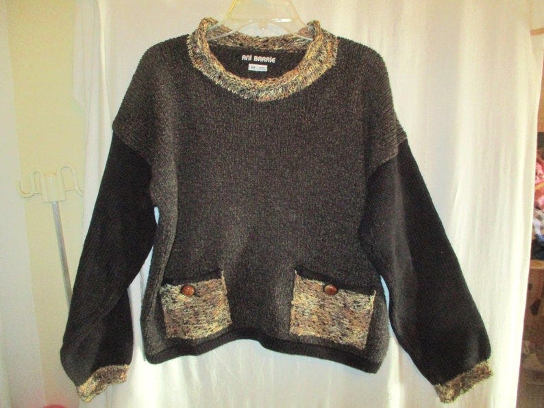 Vintage 90s Ani Barrie Brown Black Cotton Chunky Knit Pullover Sweater M Pockets image 1