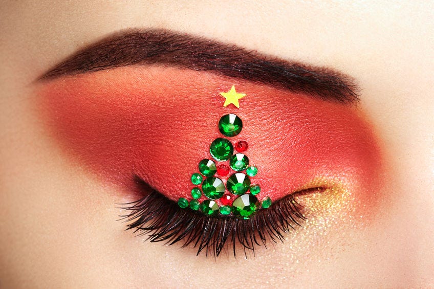 womans eye with christmas tree jewels star with eyeliner