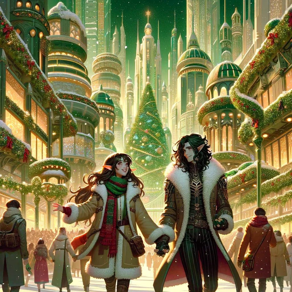 Illustration of the young female elf with medium-length brown hair and the male elf mage with long black curly hair walking through a green, white, and golden solarpunk city in winter. The city is adorned with Christmas-like decorations, including twinkling lights, garlands, and festive ornaments. The streets are bustling with happy people, all dressed in winter attire, adding to the joyful atmosphere. The architecture is a blend of futuristic designs and natural elements, with buildings covered in snow and greenery. The elves are holding hands, smiling, and enjoying the festive, lively environment, surrounded by the warmth and cheer of the holiday season.