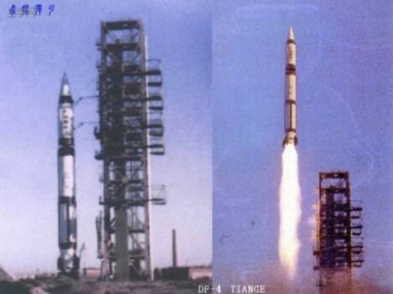 The Long March 1 on the pad (left) and lifting off (right)