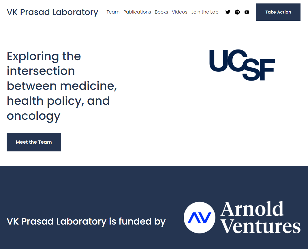 the homepage of the "Prasad Laboratory" with a giant Arnold Ventures logo in the corner.