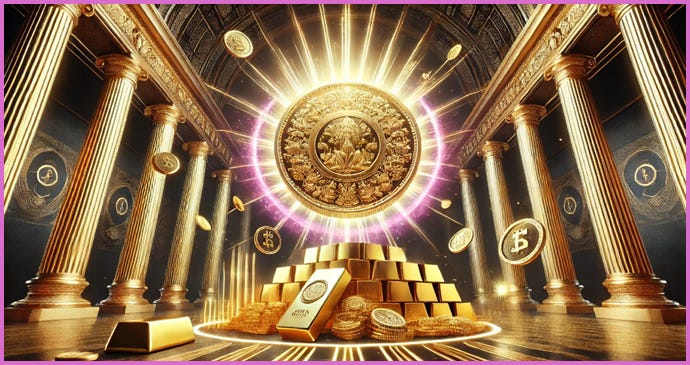 A gold coin and gold bars in a room with columns and a large circle

Description automatically generated