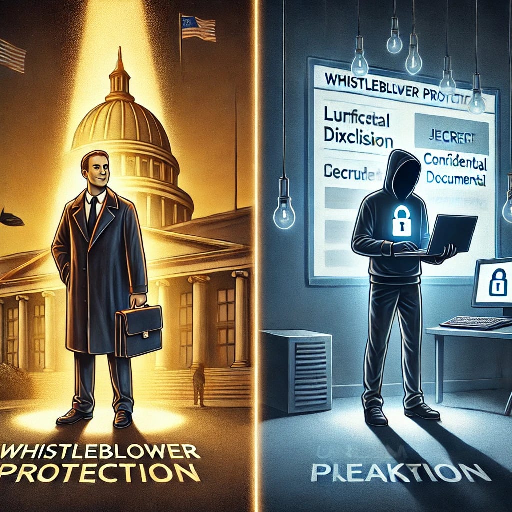 A conceptual illustration depicting the difference between a whistleblower and a leaker. On one side, a whistleblower stands confidently in front of a government building, holding a document labeled 'Whistleblower Protection', with light shining on them to symbolize justice and transparency. On the other side, a leaker is shown in shadow, standing next to a computer with a glowing screen showing confidential documents, their face obscured to represent secrecy and unauthorized release. The two characters are separated by a line, highlighting the contrast between lawful disclosure and unlawful leaking.