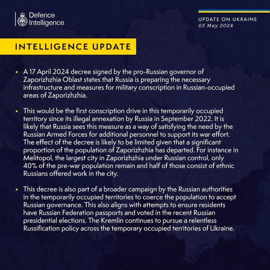 A decree signed by the pro-Russian governor of Zaporizhzhia Oblast states that Russia is preparing the necessary infrastructure and measures for military conscription in Russian-occupied areas of Zaporizhzhia.
This would be the first conscription drive in this temporarily occupied territory since its illegal annexation by Russia in September 2022. It is likely that Russia sees this measure as a way of satisfying the need by the Russian Armed Forces for additional personnel to support its war effort. The effect of the decree is likely to be limited given that a significant proportion of the population of Zaporizhzhia has departed. For instance in Melitopol, the largest city in Zaporizhzhia under Russian control, only 40% of the pre-war population remain and a half of those consist of ethnic Russians offered work in the city.
