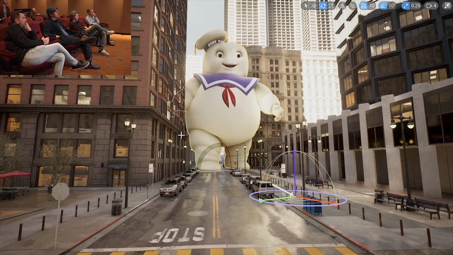 The Staypuft Marshmallow Man being added to a CGI New York City
