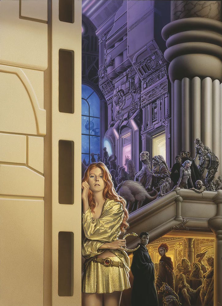 In a busy spaceport, a young redheaded woman wearing a glittering gold mini skirt and loose long sleeve top stops to lean against a metal support pillar. Discreetly, she holds a thin horseshoe shaped device with the head of a serpent and a green glowing eye. Behind her, the background is split into two levels. The upper deck is tinted purple while the lower level is bathed in gold. Wearing black cloaks, humanoids with disfigured faces are sprinkled among the panoply of alien lifeforms. Some fight through the press of bodies toward the girl