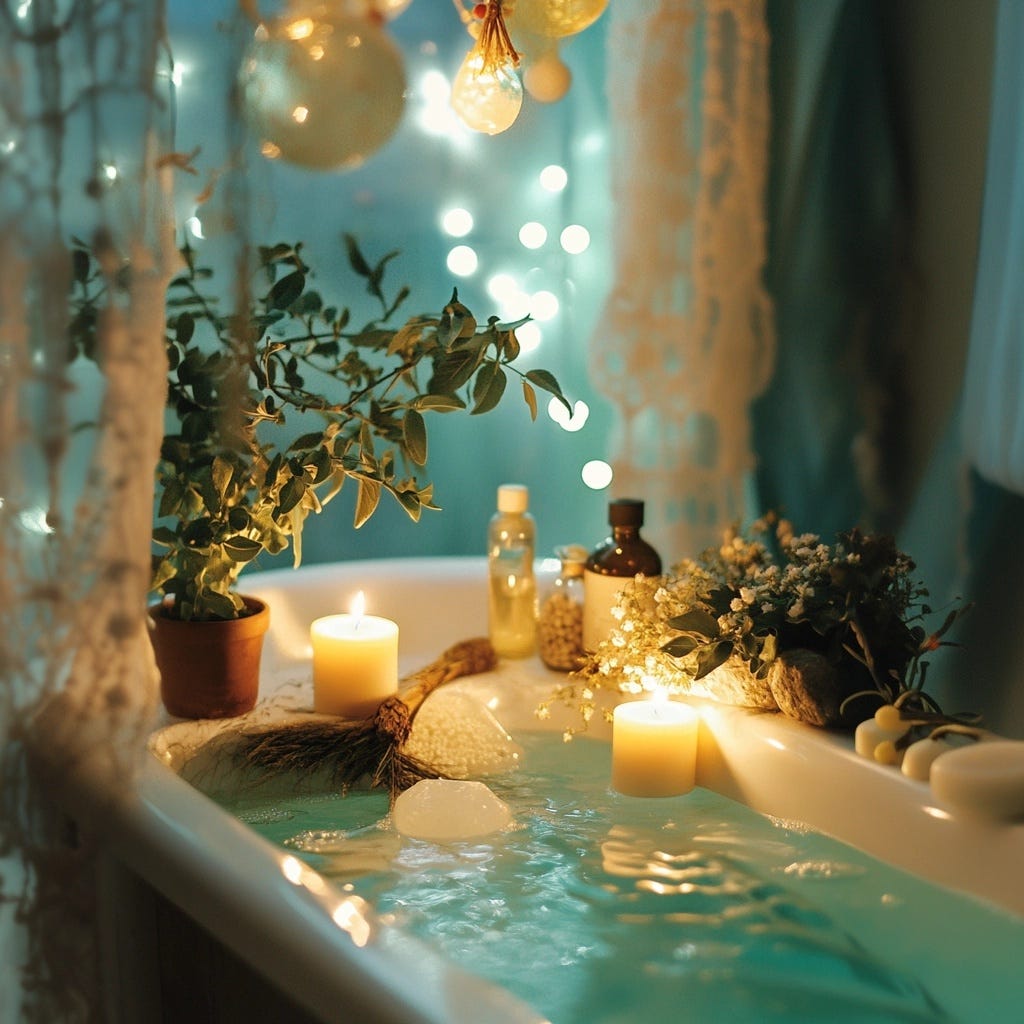 A cozy bath surrounded by candles, herbs, and crystals for a New Year cleansing ritual.