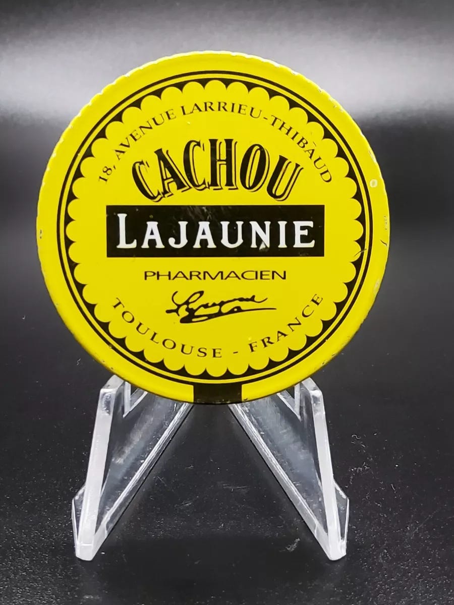 Vintage Medicine Tin: Antique french candy CACHOU Lajaunie licorice, NEW