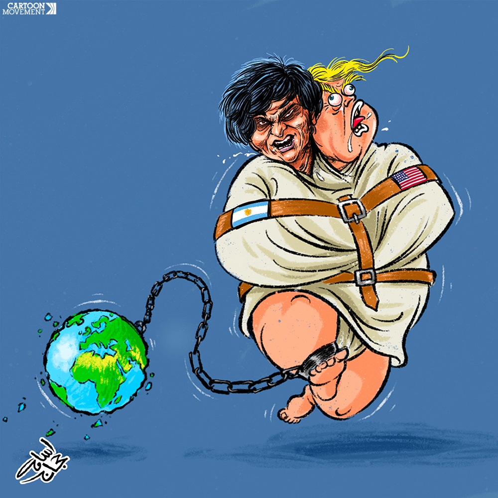 Cartoon showing Trump and newly elected Argentinian president Milei sharing a straitjacket, acting crazy, and wearing a ball and chain. The ball is the planet earth, bouncing around behind the crazy leadership.