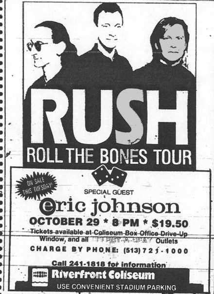 This Day in Rush History on X: "On October 29, 1991, Rush played with Eric  Johnson at the Riverfront Coliseum in Cincinnati, Ohio 🇺🇸 for the Roll  the Bones tour. https://t.co/EVwwfT9xxz" /